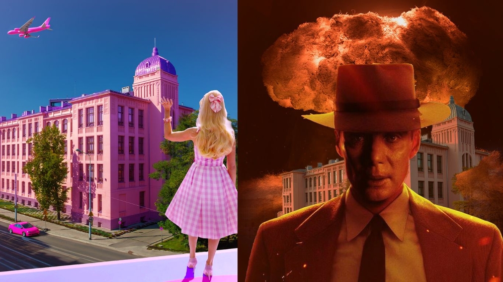 Barbie and J R Oppenheimer against the background of the University of Lodz Rector's Office building 