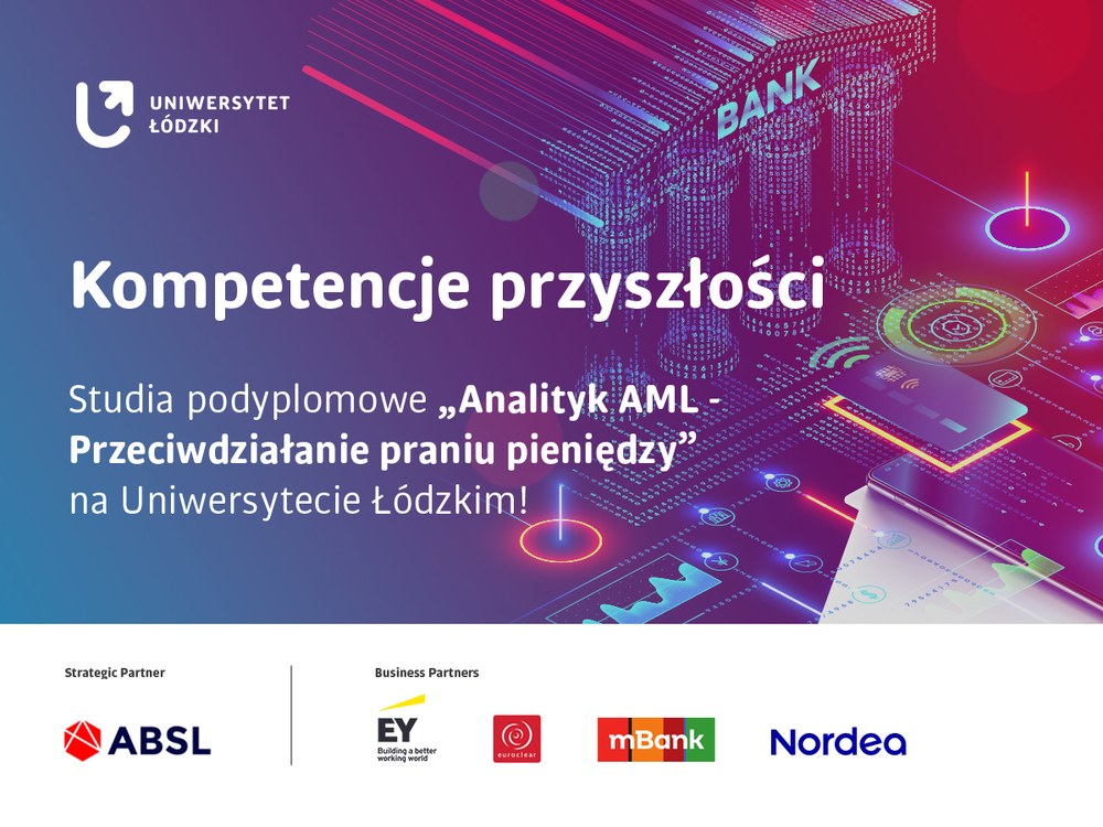 A poster advertising the postgraduate studies "AML Analyst – Counteracting Money Laundering"
