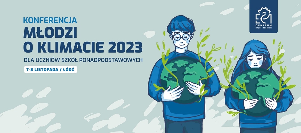 Baner konferencji Młodzi o klimacie. Widoczna para młodych ludzi, każde z nich obejmuje Ziemie w troskliwym geście.